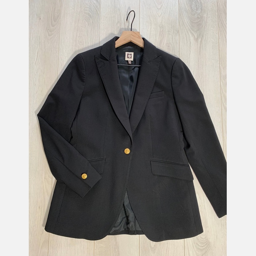 NEW Anne Klein Black Tailored Gold One Button Closure Long Line Blazer, Size 4